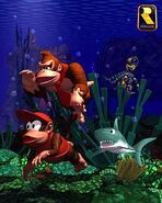 Donkey and Diddy swimming past a Croctopus and Chomps in the artwork.