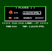 Bubbles at the score screen after clearing a stage, as seen in the game Clu Clu Land for NES.