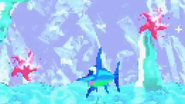 Two pink Shuris nearby Enguarde the Swordfish, as seen in the game Donkey Kong Country 2 for GBA.