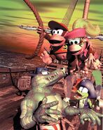 Artwork of Diddy and Dixie Kong swinging across a ship deck, next to a Klomp and a Kutlass.