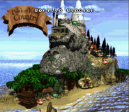A glitched map showing Kongo Jungle and Gorilla Glacier as uncleared worlds simultaneously, a result of the Kongo Jungle world warp glitch, as seen in the game Donkey Kong Country for SNES.