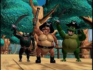 Green Kroc (at the left) and his crew mates, Kaptain Skurvy (at the center) and Kutlass (at the right), as seen in the second season of the Donkey Kong Country animated series.