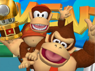 Donkey and Diddy Kong during cutscene of receiving a trophy for clearing a tournament.