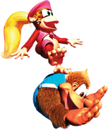 Artwork of Dixie Kong rolling on Kiddy Kong, from the game Donkey Kong Country 3.