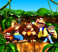 The main cast of Donkey Kong 64 (left to right: Diddy Kong, Lanky Kong, Donkey Kong, Chunky Kong, Tiny Kong)