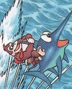 Donkey Kong riding Enguarde, as seen in the Donkey Kong Country comic.