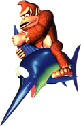 Artwork of Donkey Kong riding Enguarde, from the game Donkey Kong Country.