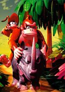 Artwork of Donkey and Diddy Kong riding on Rambi from the game Donkey Kong Country.