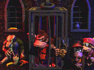 Artwork of Diddy and Dixie Kong next to Donkey Kong's cage and a sleeping Klomp.