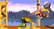 Dixie and Kiddy Kong throwing a Steel Keg at Koin as seen in the game Donkey Kong Country 3 for GBA.