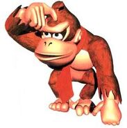 A rtwork of Donkey Kong scratching his head, from the game Donkey Kong Country.