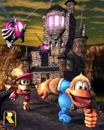 Artwork of Kiddy and Dixie Kong running away from a castle, being chased by two red Buzzes.