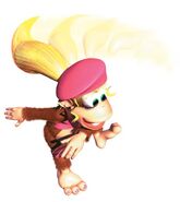 Artwork of Dixie Kong using her Helicopter Spin move, from the game Donkey Kong Country 2.