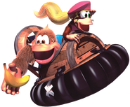 Artwork of Dixie and Kiddy Kong riding on the Hover Craft from the game Donkey Kong Country 3.