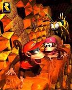 Alternative artwork of Diddy and Dixie Kong pursued by a Zinger inside a giant hive.