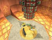 The inner chamber at the top of the King K. Rool's Lair as seen in the first season of the Donkey Kong Country animated series. The deployable compartment for books can be seen right above K. Rool and the General Klump. A mysterious backdoor can also be seen behind both characters.