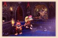 Artwork of Diddy and Dixie Kong exploring a gloomy castle, and being pursued by a Kannon.