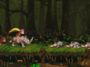 Dixie riding Rambi against three Neeks.