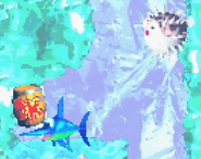 A inflated Puftup nearby Enguarde the Swordfish as seen in the game Donkey Kong Country 2 for GBA.