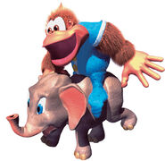 Artwork of Kiddy Kong riding Ellie the Elephant from the game Donkey Kong Country 3.