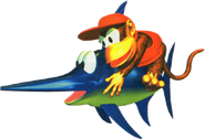 Artwork of Diddy Kong riding Enguarde, from the game Donkey Kong Country.