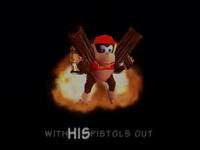 Diddy using his Rocketbarrels, and his Peanut Popguns in Donkey Kong 64.