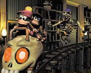 Artwork of Diddy and Dixie Kong riding a Skull Cart and being chased by a Kackle, inside a haunted library.