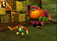 Klump chasing Lanky Kong as seen in the game Donkey Kong 64 for Nintendo 64. Both of them would become rivals later in the game Donkey Kong Barrel Blast for Wii.