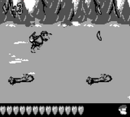Diddy Kong jumping between two variants of Krockheads, as seen in the game Donkey Kong Land 2 for Game Boy. Notice the lack of physical distinction between the regular Krockhead (at the left) and the other one (at the right) which throws the Kongs upwards.