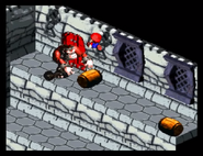 Mario avoiding barrels thrown by a Guerrilla, as seen in the game Super Mario RPG: Legend of the Seven Stars for SFC/SNES.