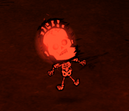 Woodie struck by Lightning in the Reign of Giants DLC, showing his beard as part of his skull and bones in his hair.