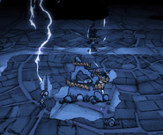 A broken Ancient Pseudoscience Station summoning lightning after being hit with a hammer.