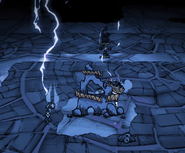 A broken Ancient Pseudoscience Station summoning lightning after being hit with a hammer.