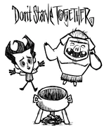 Wilson along with a Pig and Crock Pot on a coloring page offered for free in the Klei Rewards program.