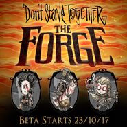 A promotional image for The Forge with Wilson, Wolfgang, and Wendy's The Gladiator skin portraits posted by Klei on 10/21/2017.