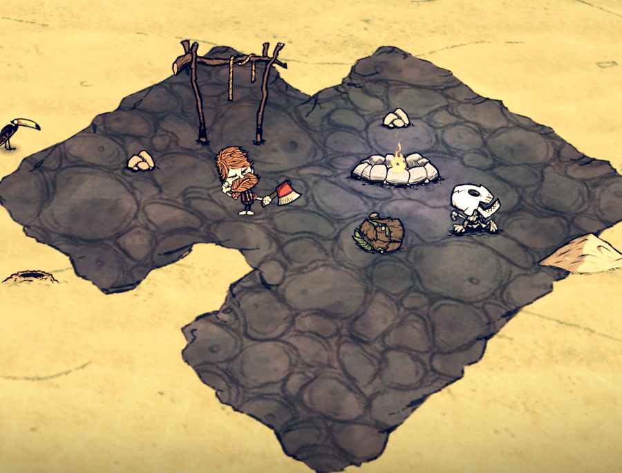 The player will find a Drying Rack, a Fire Pit, a Skeleton, and some Rock.