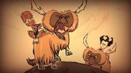Woodie and Wilson riding domesticated Beefalo, as seen in the Don't Starve Together launch trailer.