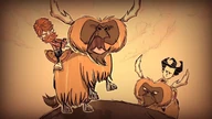 Wilson on a domesticated Beefalo with Woodie in the Don't Starve Together launch trailer.