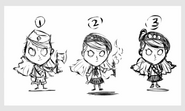 Sketches of a Girl Scout skin concept for Wendy. Part of an interactive Rhymes With Play stream where Klei artists drew skin concepts suggested by the community on the official forums.