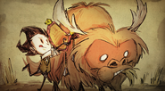 Beefalo Riding Promo.png (606 KB) Promotional art of Wilson preparing to saddle a Beefalo.