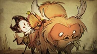 Wilson putting a Saddle on a Beefalo in a promotional image for an update to Don't Starve Together.