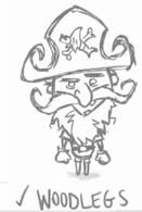 Um esboço de um novo personagem chamado "Woodlegs"