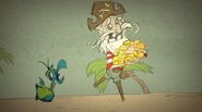 Woodlegs running away from a Doydoy trying to eat the Dubloons he is carrying in the Shipwrecked trailer.