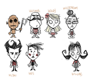 Concept art for Wilson, Willow, Wolfgang, Wendy, WX-78, Wickerbottom, and Wes