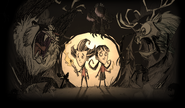 Wilson y Willow junto a los gigantes en un Wallpaper promocional para el lanzamiento de Don't Starve Together