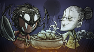 Wickerbottom with Webber and Pierogis in a promo image for the Don't Starve franchise and the Steam Lunar New Year Sale.