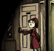 Charlie in a red trench coat, entering Maxwell's apartment.