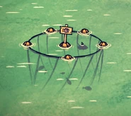 Một Trại Nuôi Cá có cắm biển 1 con cá màu tím ở trên, tượng trưng cho Cá Mú Tím.