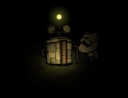 Wolfgang koło włączonego strażaka nocą w Don't Starve: Razem