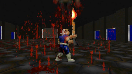 Shotgun Guy 2 - the player pulls the shotgunner's firearm off its hands and lodges it into its chest, then lifts it into the air and fires the gun, propelling the monster upwards.